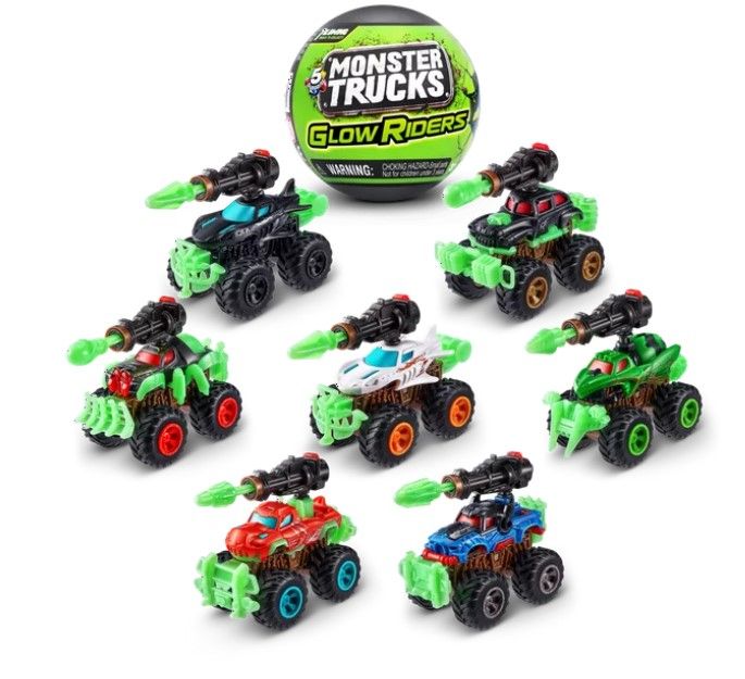 Photo 1 of 5 pack - 5 SURPRISE Monster Trucks Glow Riders Series 2 Mystery Collectible Capsule by ZURU
