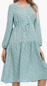 Photo 1 of Joyours Womens Casual Dress Summer Plus Size V Neck Floral Dress Loose Boho Midi Dresses A Line Long Sleeve Dress Aqua Size XL 
