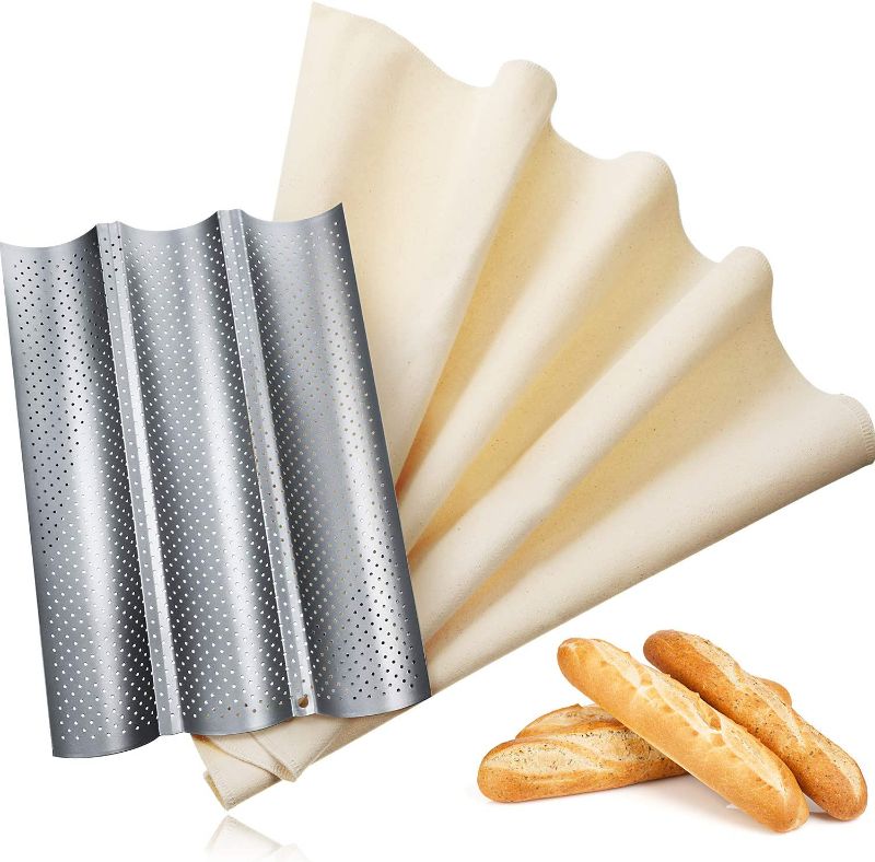 Photo 1 of Bread Baking Kit, Nonstick Perforated Pan and Bakes Dough Couche, French Bread Loaf Bake Mold Oven Toaster Pan, Large Pastry Proofing Cloth for Baking Bread Use (M, Silver)
