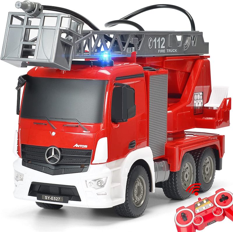 Photo 1 of DOUBLE E Benz Licensed Remote Control Fire Truck Shoots Water Extendable 18 Inch Rescue Ladder 10 Channel Fire Engine Working Sounds Lights RC Trucks for Kids
