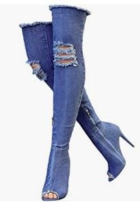 Photo 1 of Denim Blue Thigh High Boots for women Summer peep toe stiletto heels fashion Jeans Over The Knee Boots Royal Blue Size 8.5