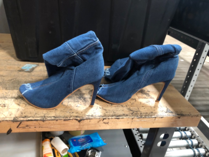 Photo 1 of Denim Blue Thigh High Boots for women Summer peep toe stiletto heels fashion Jeans Over The Knee Boots Royal Blue Size 8.5