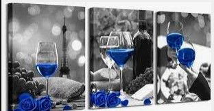 Photo 1 of 3pcs Artwork Wine Kitchen Canvas Art for Home Walls Black and White With Blue Wine Painting 12x16'' 