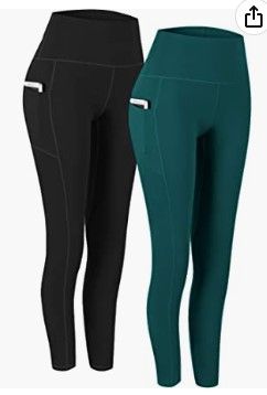 Photo 1 of Fengbay 2 Pack High Waist Yoga Pants, Pocket Yoga Pants Tummy Control Workout Running 4 Way Stretch Yoga Leggings Black and Deep Green Medium 