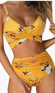 Photo 1 of RUUHEE Women Criss Cross High Waisted String Floral Printed 2 Piece Bathing Suits Yellow#5 Size Medium 