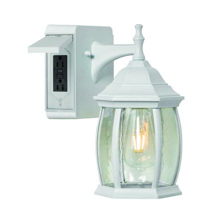 Photo 1 of Addington Park Grace Collection 1-Light Traditional Outdoor Wall Sconce with Seeded Glass and 2 Built-in Outlets with Circuit Interrupters White Fini
