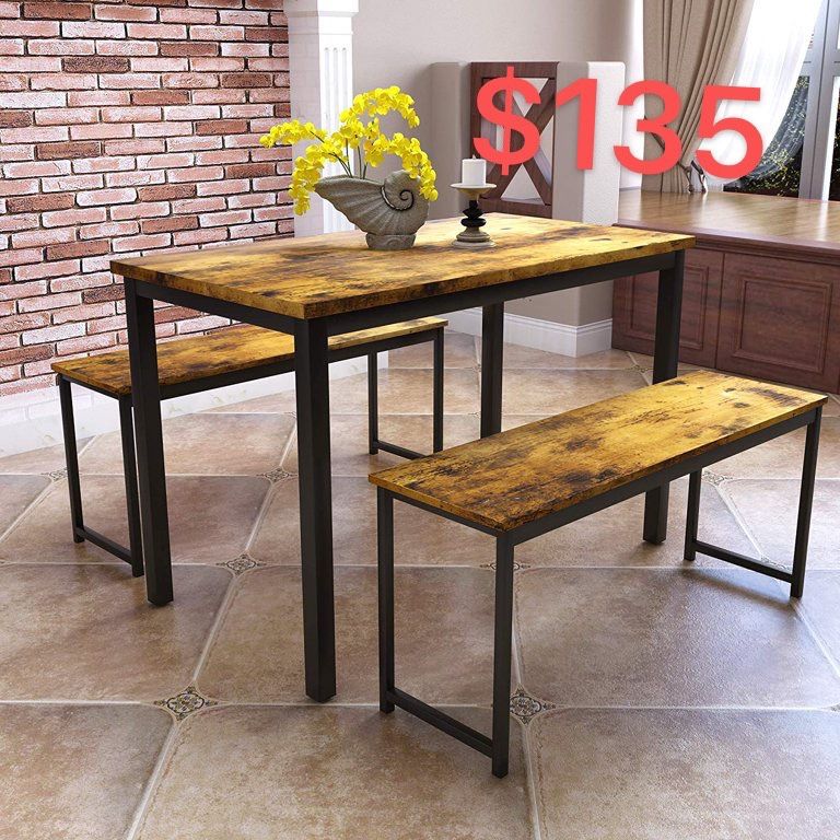 Photo 1 of 3 Pcs Dining Table Set with 2 Benches,Modern Kitchen Table and Chairs Set for 4-6 Person,Rustic Brown
