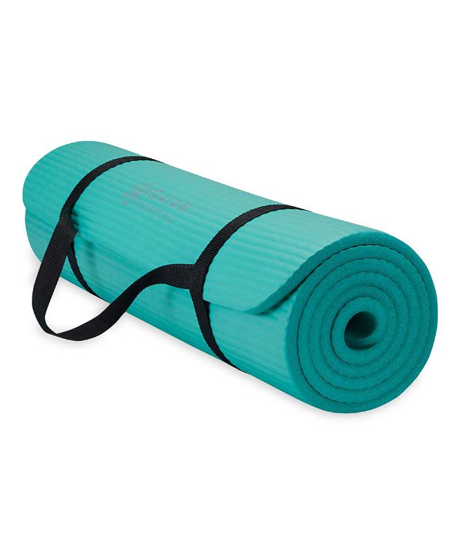 Photo 1 of Gaiam Essentials Thick Yoga Mat Fitness & Exercise Mat with Easy-Cinch Yoga Mat Carrier Strap (72 L X 24 W X 2/5 Inch Thick) Teal NEW
