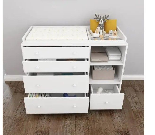 Photo 1 of 
FUFU&GAGA
5-Drawers White Wood Dresser Vanity Table Chest of Drawers Storage Cabinet with Shelf 36.1 in. H x 47.2 W x 19.7 D