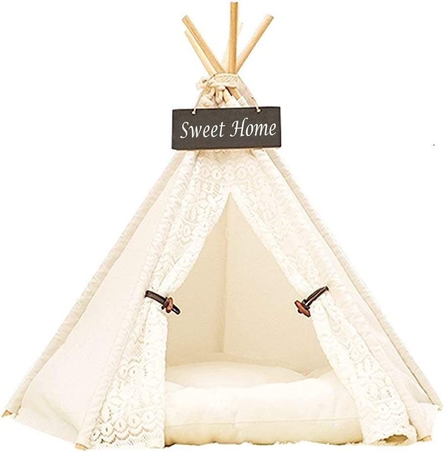 Photo 1 of DEWEL Pet Teepee Dog & Cat Bed Portable Washable Dog Tent Lace Style Pet Sweet House for Dog Cat Pet (Without Cushion)
