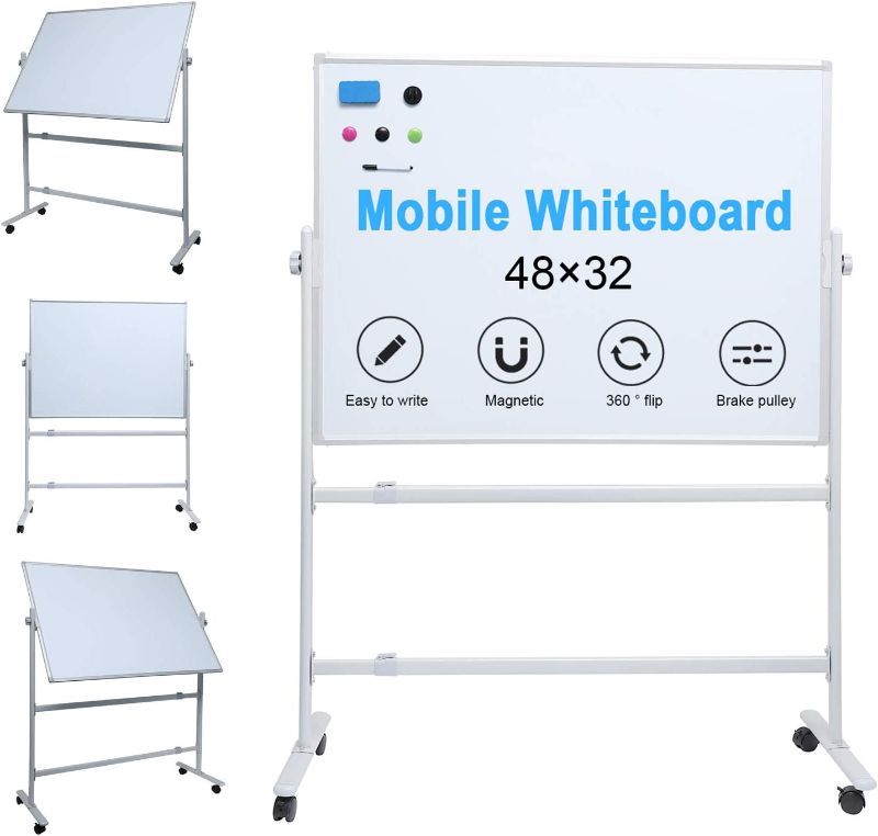 Photo 1 of **DAMAGED** Mobile Whiteboard - 48 x 32 Inches Double Sided Magnetic Dry Erase Board Large White Board on Wheels Office Classroom Rolling Whiteboard with Stand for Meeting (48" x 32", White)

