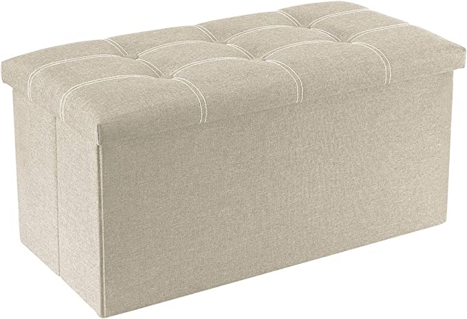 Photo 1 of 45 Inches Folding Storage Ottoman, Ottoman Bench Footrest Stool, Linen Fabric Beige Storage Chest Padded Seat for Bedroom and Living Room, Support 350lbs