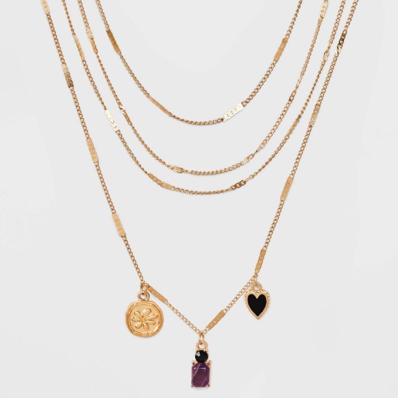 Photo 1 of Flower and Heart Charm with Emi-Preciou Lepidolite Chain Necklace - Univeral Thread™ Purple/Black/Gold
