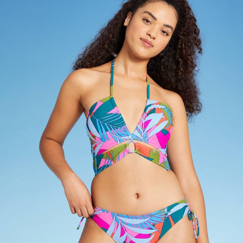 Photo 1 of Junior' Lace-up Halter Longline Bandeau Bikini Top - Xhilaration™ Multi Tropical Print
Size: S
