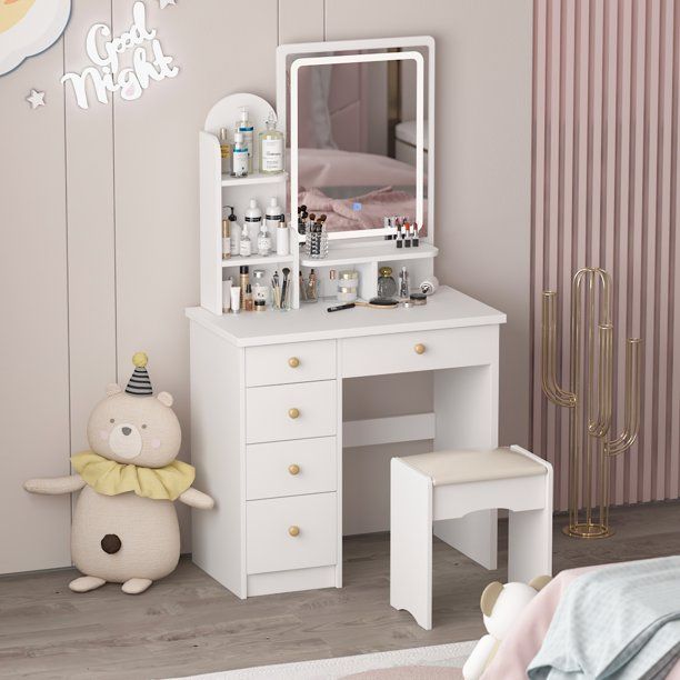 Photo 1 of (SIMLIAR TO STOCK PHOTO) Makeup Vanity Set with Light and Mirror for Girl Modern Vanity Table with Drawers White