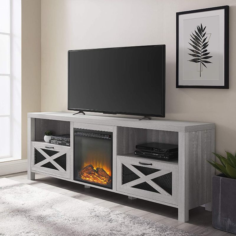 Photo 1 of **PARTS ONLY-TOP BOARD IS  DAMAGE**
Walker Edison Calgary Industrial Farmhouse X-Drawer Metal Mesh and Wood Fireplace TV Stand for TVs up to 80 Inches, 70 Inch, Stone Grey
