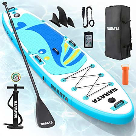 Photo 1 of 
Roll over image to zoom in
NARATA Inflatable Stand Up Paddle Board for All Skill Levels with Paddle Holder, Action Mount, 5 Grab Handles, 11 D-Rings, Waterproof Bag, Fins, Paddle, Pump, Leash, Repair Kit, Backpack