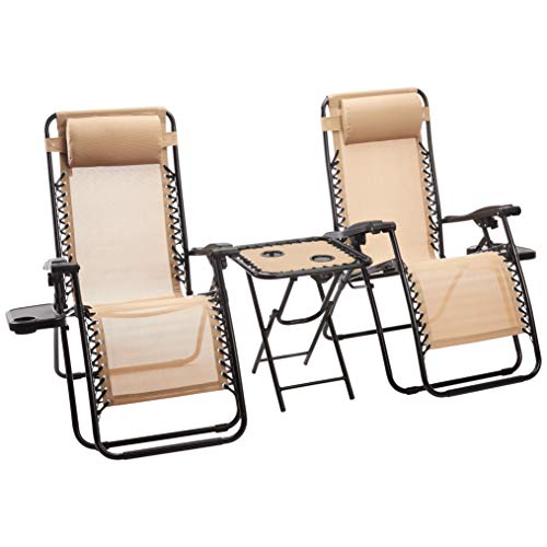 Photo 1 of Amazon Basics Textilene Outdoor Adjustable Zero Gravity Folding Reclining Lounge Chair with Side Table and Pillow - Pack of 2, Tan