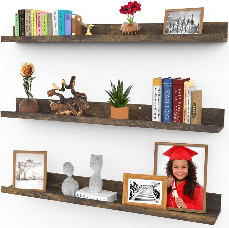 Photo 1 of 46 Inch Floating Shelves for Wall, Set of 3 in Walnut Brown, Modern Rustic Style