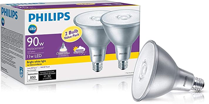 Photo 1 of 4 items 
Philips Lighting Co 470054 90W Equivalent Bright Classic Glass Par38 Indoor/Outdoor Led Light Bulb (2Pack), White (x4)