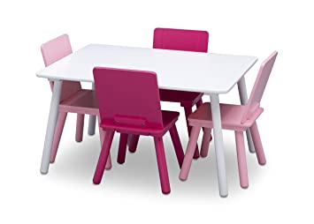 Photo 1 of Delta Children Kids Table and Chair Set (4 Chairs Included) - Ideal for Arts & Crafts, Snack Time, Homeschooling, Homework & More - Greenguard Gold Certified, White/Pink

IDEAL SIZE: Table: 31.5 Inches W x 23.5 Inches D x 17.5 Inches H; Chairs: 10.5 Inche