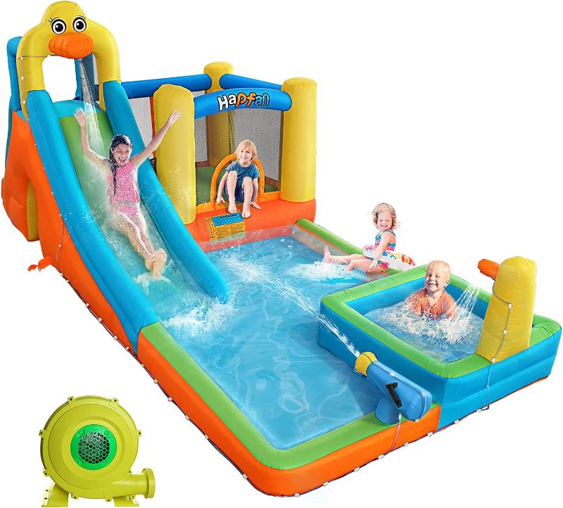 Photo 1 of Hapfan Inflatable Water Slide Park, 8 in 1 Water Bounce House with Blower,Bouncer,Splash Pool
