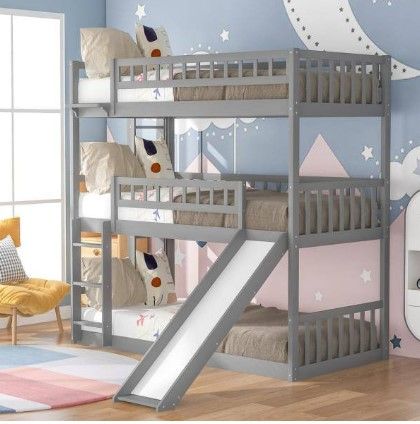 Photo 1 of *INCOMPLETE BOX 2 OF 2* Gray Twin-Over-Twin-Over-Twin Triple Bunk Bed with Built-in Ladder and Slide, Guardrails
