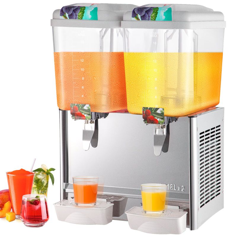 Photo 1 of *ONLY 1 SIDE WORK* VEVOR Cold Beverage Dispenser, 18LX2 Tanks, 300W Commercial Drink Dispenser with 45 to 54? Temperature, Food-grade Material Cooling and Mixing Modes, Perfect for Restaurants Cafes Bars
