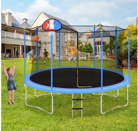Photo 1 of *INCOMPLETE BOX 2 OF 3* 14Ft Trampoline For Kids With Safety Enclosure Net, Basketball Hoop And Ladder, Easy Assembly Round Outdoor Recreational Trampoline
