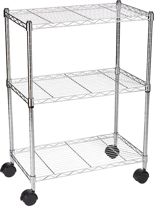 Photo 1 of Amazon Basics 3-Shelf Adjustable, Heavy Duty Storage Shelving Unit on 4'' Wheel Casters, Metal Organizer Wire Rack, Chrome (23.2L x 13.4W x 32.75H)
