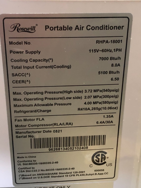 Photo 3 of (NOT FUNCTIONAL, PARTS ONLY)Rosewill Portable Air Conditioner 7000 BTU, AC Fan & Dehumidifier 3-in-1 Cool/Fan/Dehumidify w/Remote Control, Quiet Energy Efficient Self Evaporation AC Unit for Single Room Use, RHPA-18001
**MAKES LOUD NOISE AND SHAKES WHEN P