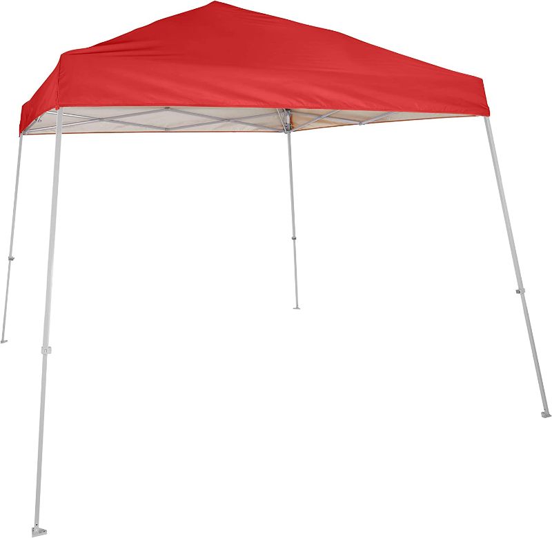 Photo 1 of Amazon Basics Outdoor One-push Pop Up Canopy, 9ft x 9ft Top Slant Leg with Wheeled Carry, Red
