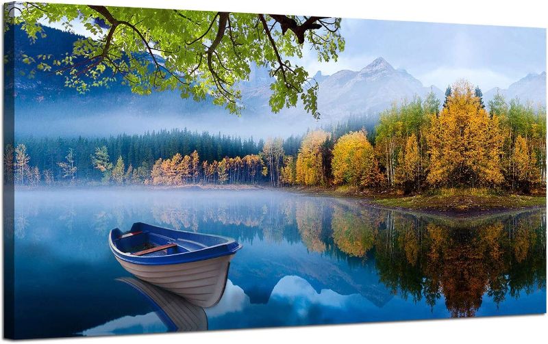 Photo 1 of Arjun Canvas Wall Art Prints Blue Sky Lake Natural Landscape One Panel 40"x20" Panoramic Mountain Picture Artwork Autumn Framed Painting Ready to Hang for Living Room Bedroom Kitchen Bathroom Decorations
