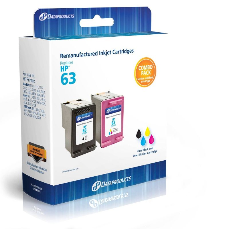 Photo 1 of Remanufactured Black/Tri-Color 2-Pack Standard Ink Cartridges - Compatible with HP 63 Ink Series (L0R46AN) - Dataproducts
