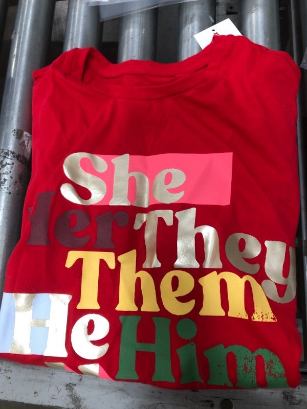 Photo 2 of Pride Adult Pronouns Short Sleeve T-Shirt - Red- size Medium 