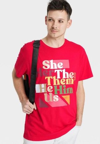 Photo 1 of Pride Adult Pronouns Short Sleeve T-Shirt - Red- size Medium 