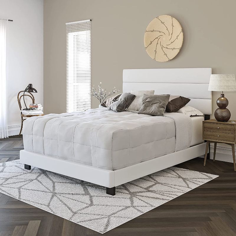 Photo 1 of ***READ CLERK COMMENTS*** Boyd Sleep Napoli Upholstered Platform Bed Frame with Tri-Panel Headboard, Mattress Foundation Required: Faux Leather, White, Queen
