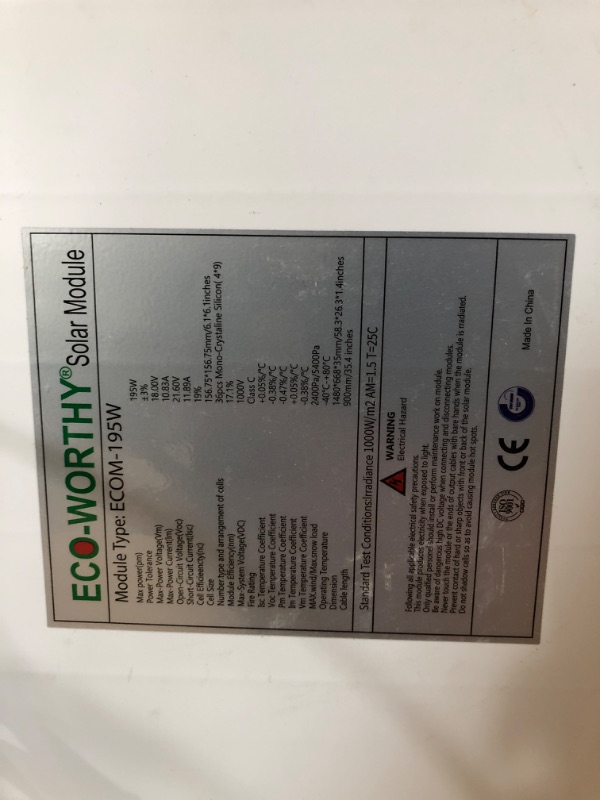 Photo 1 of PARTS ONLY !! ECO-WORTHY 195 Watt 12 Volt Monocrystalline Solar Panel Module Off Grid PV Power for Battery Charging, Boat, Caravan, RV
