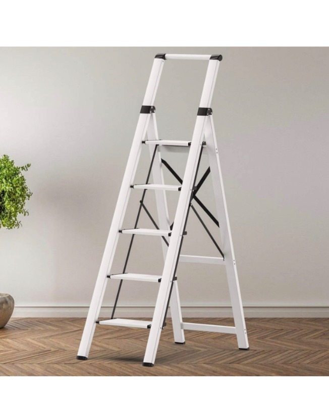 Photo 1 of 5 Steps Lightweight Aluminum Ladder Folding Step Stool Stepladders with Anti-Slip and Wide Pedal for Home and Kitchen Use Space Saving (Silver)