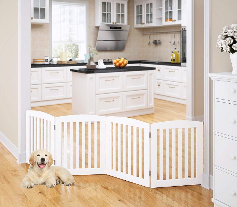 Photo 1 of  Wooden Freestanding Foldable Pet Gate for Dogs, 24 inch 4 Panels Step Over Fence, Dog Gate for The House, Doorway, Stairs, Extra Wide (White, 24" Height-4 Panels)