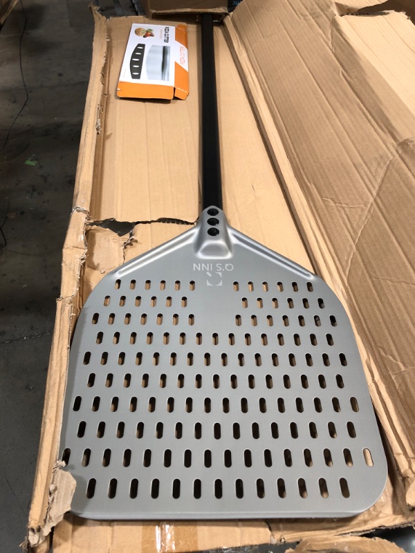 Photo 2 of 12"x 14" Perforated Pizza Peel 47 Inch overall, G.a HOMEFAVOR Rectangular Aluminum Pizza Turning Peel with Extended Silcone Handle For Baking Pizza Brick Oven