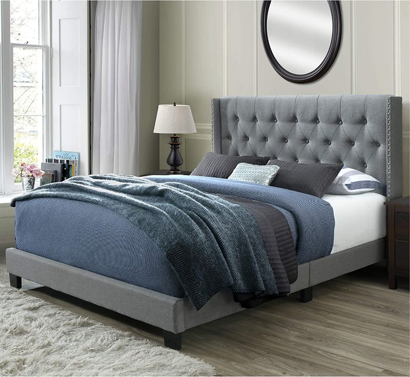 Photo 1 of **INCOMPLETE BOX 2 OF 2**- Upholstered Panel Bed Frame with Diamond Tufted and Nailhead Trim Wingback Headboard, Queen Size in Gray Fabric