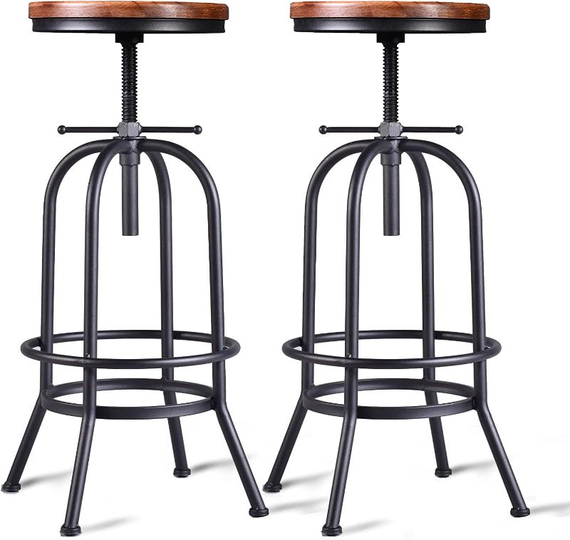 Photo 1 of 32 inch Vintage Industrial Bar Stool-Metal Wood Swivel Bar Stool-Retro Bar Height Stool-Counter Height Adjustable Kitchen Stools-Set of 2-Extra Tall Pub Height 26-32 Inch,Fully Welded(Black(2pcs))
