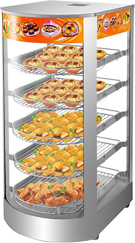 Photo 1 of (CRACKED GLASS) VEVOR 110V 14.2-Inch Commercial Food Warmer Display, 5-Tier 800W Electric Pizza Warmer Display 86-185?, Tempered-Glass Door Pastry Display Case, Restaurant Heated Cabinet, with 1 Trays & 1 Bread Tong

