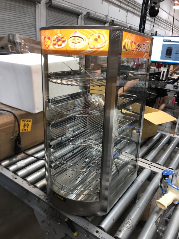 Photo 2 of (CRACKED GLASS) VEVOR 110V 14.2-Inch Commercial Food Warmer Display, 5-Tier 800W Electric Pizza Warmer Display 86-185?, Tempered-Glass Door Pastry Display Case, Restaurant Heated Cabinet, with 1 Trays & 1 Bread Tong
