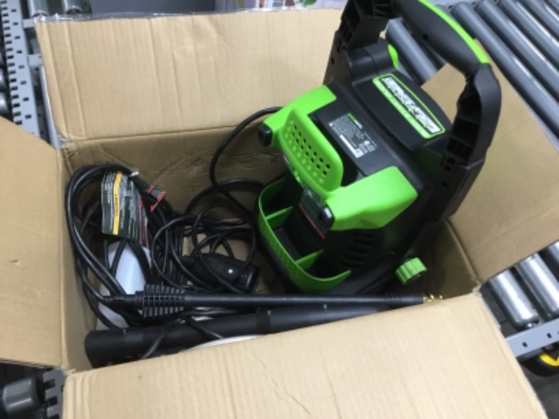 Photo 2 of **NON-FUCNTIONAL PARTS ONLY***
Greenworks 1500 PSI 1.2 GPM Pressure Washer (Upright Hand-Carry)
