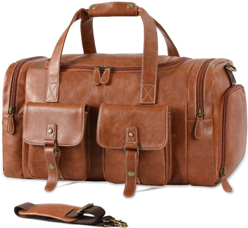 Photo 1 of  Leather Travel Duffel Bag with Shoe Pouch Large Carry on Bag Waterproof Weekender Overnight Bag for Men Women Brown