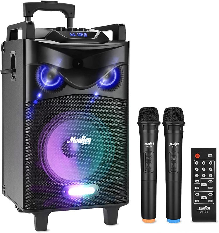 Photo 1 of Moukey Karaoke Machine, PA System with 12" Subwoofer, Portable Bluetooth Speaker W/ 2 Wireless Karaoke Microphone, Remote, Disco Lights and Wheels, Bass Boost, Supports TWS/REC/AUX IN/MP3/USB/TF/FM
