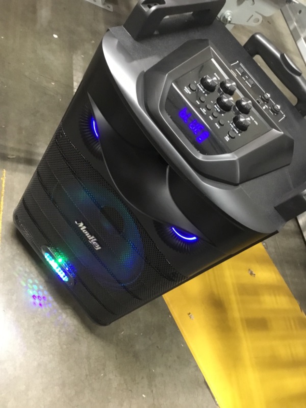 Photo 2 of Moukey Karaoke Machine, PA System with 12" Subwoofer, Portable Bluetooth Speaker W/ 2 Wireless Karaoke Microphone, Remote, Disco Lights and Wheels, Bass Boost, Supports TWS/REC/AUX IN/MP3/USB/TF/FM
