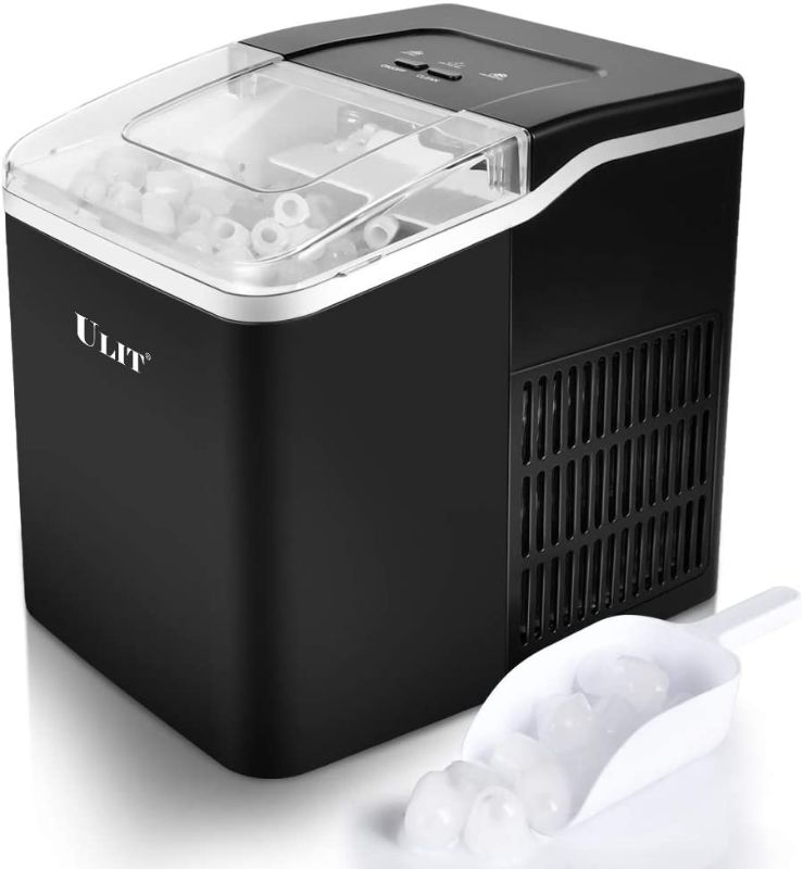 Photo 1 of ULIT Portable Ice Maker,Ice Maker Machine for Countertop, Self-Cleaning Function Ice Cube Maker,Make 26 lbs Ice in 24 hrs, 9 Ice Cubes Ready in 8 Minutes,with Ice Scoop and Basket(Black)
